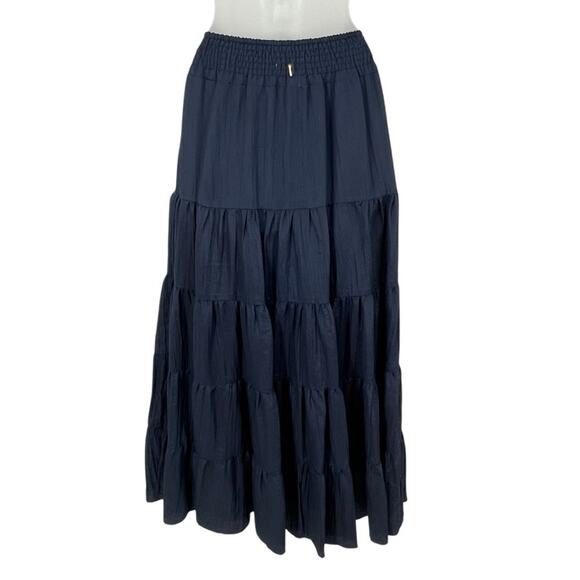MISA LOS ANGELES Tiered Maxi Peasant Skirt Navy Blue Smocked Pull On XS NEW - Picture 8 of 15
